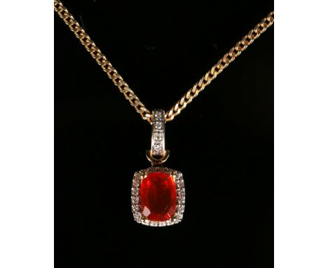 An 18ct gold, fire opal and diamond cluster pendant with a silver gilt faceted curblink neckchain, cased with certificate car