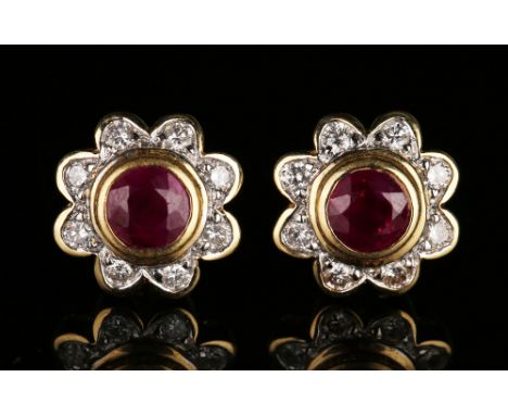 A pair of gold, synthetic ruby and diamond cluster earstuds, each mounted with a circular cut synthetic ruby in a surround of