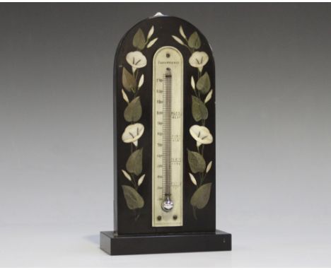 A 19th Century Derbyshire slate desk thermometer with inlaid flowers and leaves flanking an applied ivory scale, on a rectang