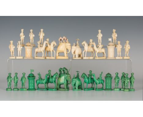 A rare East India (John) Company ivory chess set, circa 1830, probably Berhampore, one side left natural representing the Eas