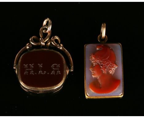 A gold mounted rectangular sardonyx cameo pendant, carved as a classical portrait, and a 9ct mounted bloodstone and cornelian