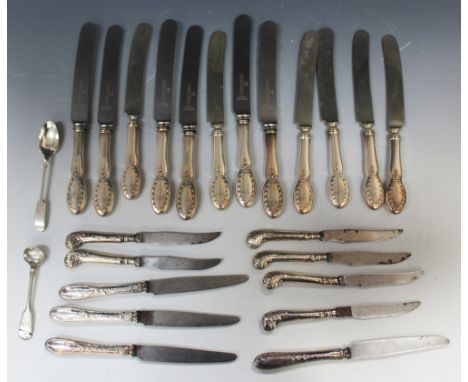 A set of six George III silver Fiddle pattern table forks, London 1808 and 1809 by W.E., a set of nine George III silver Old 