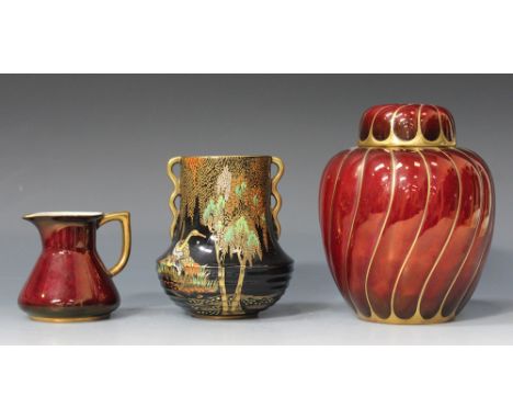 Three pieces of Carlton Ware, comprising a Rouge Royale spiral ginger jar, height approx 16cm, a similarly decorated milk jug