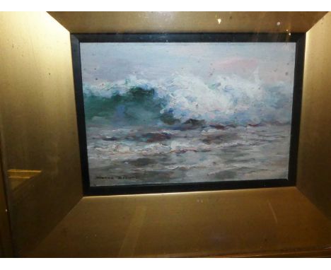 Alfred Joseph Warne Browne (1855-1915) - Waves crashing on the beach, oil on panel, signed lower left, 12 x 17cm, gallery lab