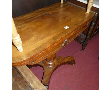 A William IV mahogany and rosewood crossbanded pedestal D-shaped card table, having fold-over top, w.91cm 