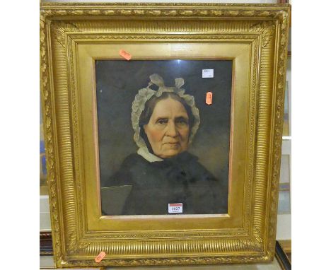 Late 19th century bust portrait of a middle-aged woman, overpainted print, 34 x 28cm 