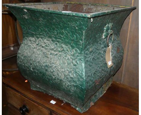 A painted and floral decorated metal twin handled garden planter, of slightly lower bellied form, w.56cm