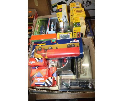 Three boxes of various modern issue diecast to include Vanguards, Corgi, Bburago, and others, examples to include a Corgi Cla