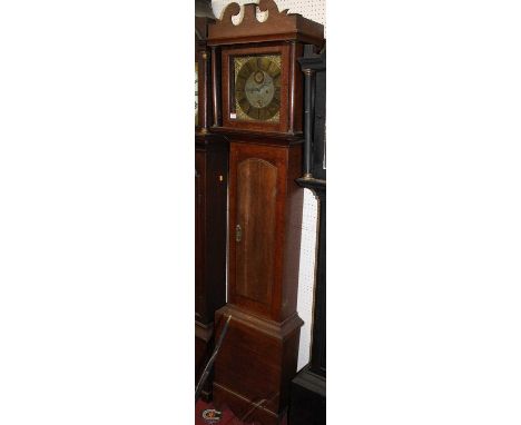 B Damant of Colchester, an 18th century oak long case clock having a square brass dial, width 11", signed to the Roman chapte