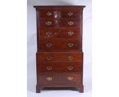 A George III mahogany chest-on-chest, the upper section having a Greek key cornice over two short and three long graduated dr
