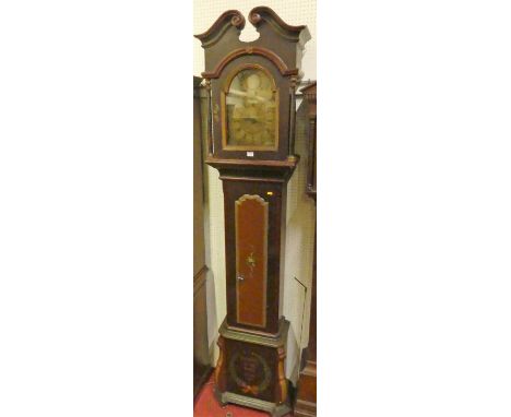 A 19th century Swedish painted longcase clock, having arched brass dial, 30-hour movement, single weight (lacking pendulum), 
