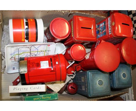 A box of various Royal Mail interest and Dr Who collectable tins, playing cards and collectors' mugs