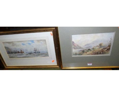 J W Ferguson - Landscape with cattle watering, watercolour, signed lower right, 17 x 26cm; and R Warren Vernon - Scarborough,