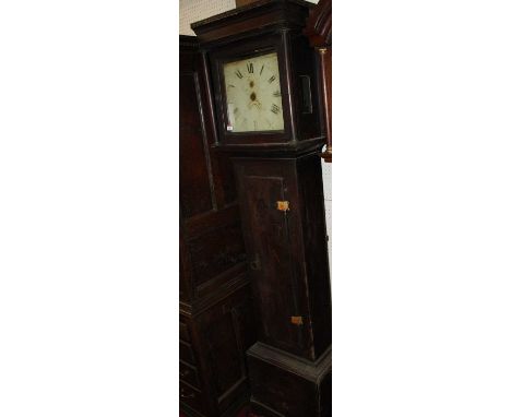 A circa 1830 fruitwood cased longcase clock, having an indistinctly signed painted square dial, 12", 30 hour weight driven mo