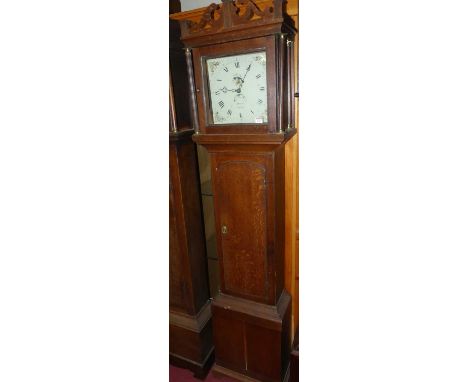 M Moore - a circa 1830 oak longcase clock, having a 11" painted square dial with rolling date dial, 30-hour weight driven mov