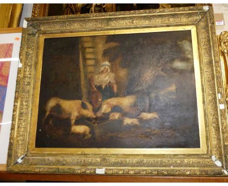 19th century English school - Feeding the pigs, oil on panel, 48 x 65cm