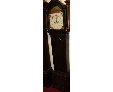 A circa 1830 oak longcase clock having an unsigned 12" painted arch dial with rolling date dial, brass 8-day weight driven mo