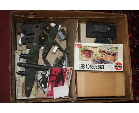 Two boxes of various part built mixed scale model aircraft and military vehicles to include an Airfix RAF Emergency gift set