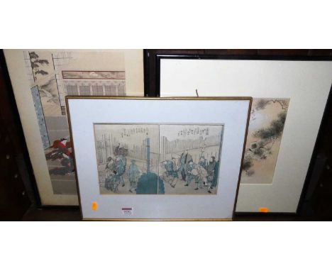A Japanese Meiji period woodblock print on two sheets depicting a ceremonial figure scene, 20 x 30cm; together with one other