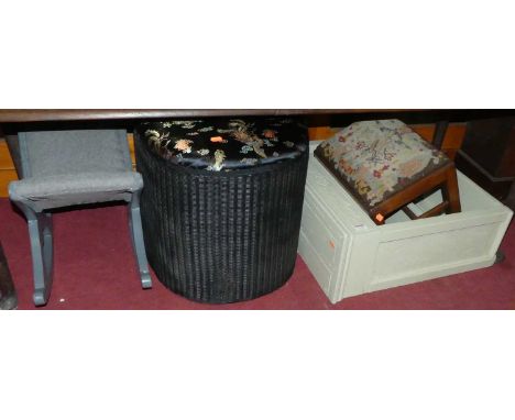 A grey painted wall mirror, h.80cm; together with a reupholstered and grey painted gout stool; a Lloyd Loom type linen box; g