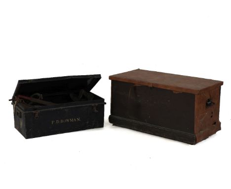 A tin trunk of tools, a pair of horse hames, cobbler's last, etc, together with a pine trunk