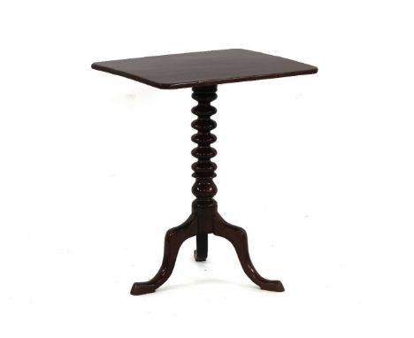 A 19th century mahogany tripod table, the rectangular top on bobbin turned column and downswept feet, and a Regency inlaid ma