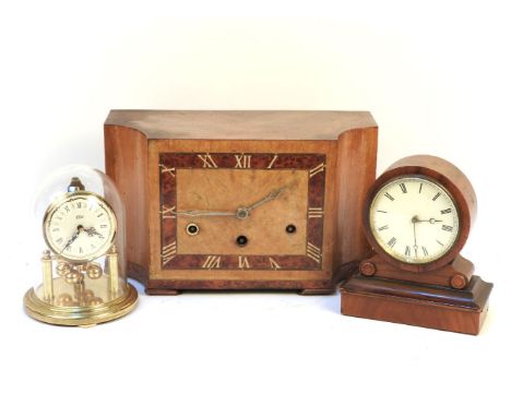 An Art Deco walnut cased mantel clock, a small walnut cased mantel clock and an anniversary clock (3)
