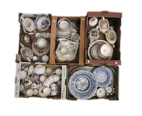 Five boxes of 18th and 19th century ceramics, including Worcester, New Hall, Staffordshire, lustre blue and white pottery, et