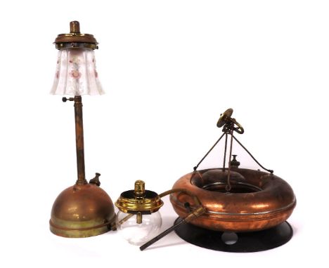 An unusual copper ceiling light, a brass wall mounted gas light and another