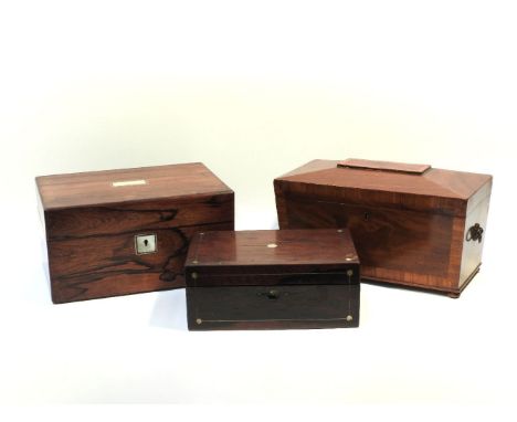 A Regency sarcophagus shaped tea caddy, and two boxes