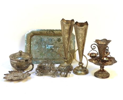 A collection of Indian white metal items, comprising a pair of bud vases on tray, a small cup and cover, a filigree miniature