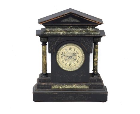 A Victorian grained wooden 'marble effect' mantel clock with striking movement, 57cm high