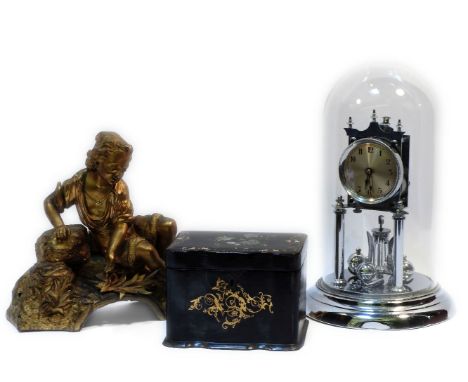 A Victorian paper maché tea caddy, a gilt clock section, mounted with a figure, and an anniversary clock, under a dome