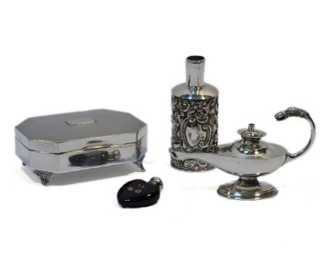 A silver and engine turned jewellery box, a pierced scent bottle, a heart shaped scent bottle, and an Alladin's lamp