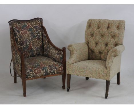 An Edwardian inlaid mahogany armchair, together with an early 20th Century button backed armchair