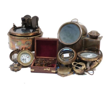 An 92B brass cased compass, No.54209E, a collection of smaller compasses, a ships binnacle, and related items