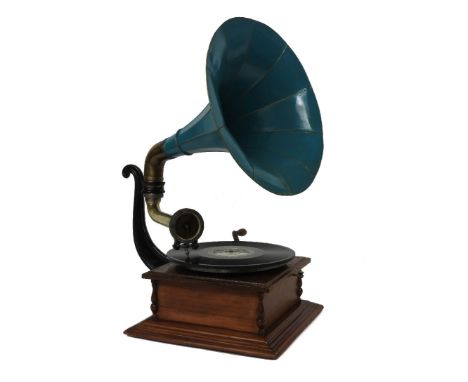 A pathe horned gramophone with six pathe discs