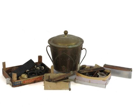 A box of assorted door furniture to include; brass door handles and letterboxes together with rise and fall light mechanisms,