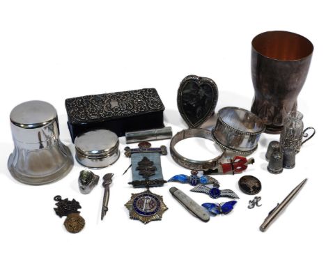 A collection of mixed silver and plated items, an inkwell, heart shape photograph frame, etc.