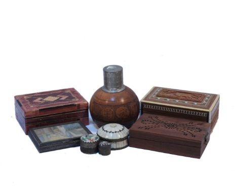 An Indian white metal trinket box, inset with a miniature study of a couple, and a collection of various trinket boxes (9)