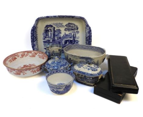 A quantity of blue and white pearlware to include a goblet, twin handled cup, Spode dish, a small Chinese blue and white jug 