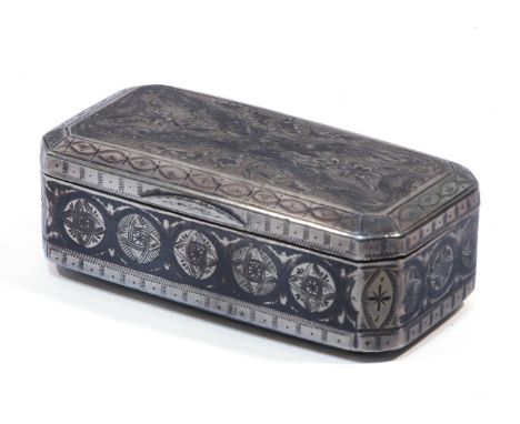 A Russian silver and niello rectangular silver snuff, the rectangular top with foliate decoration within a geometric box encl