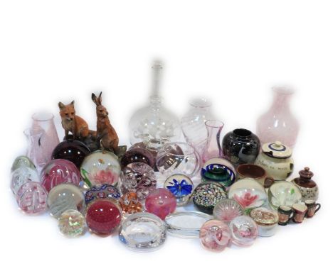 Caithness paper weights, and others, and three miniature Royal Doulton character jugs