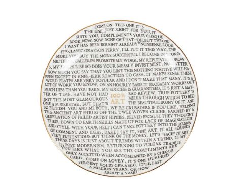 § GRAYSON PERRY C.B.E., R.A. (BRITISH 1960-) '100% ART' PLATE - 2020 Ceramic plate, developed for the Holburne Museum, in col
