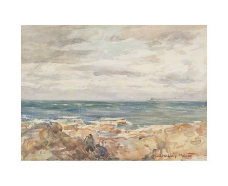 § JOHN MACLAUCHLAN MILNE R.S.A. (SCOTTISH 1885-1957) PLAYING ON THE ROCKS Signed lower right, watercolourDimensions:27cm x 37