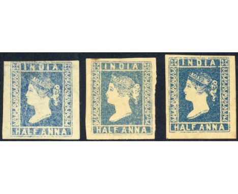 India1854 ½a. blue, Die I, three unused examples (pos. 92, 51, 94 from L/R) showing a range of shades, minor faults (margins 