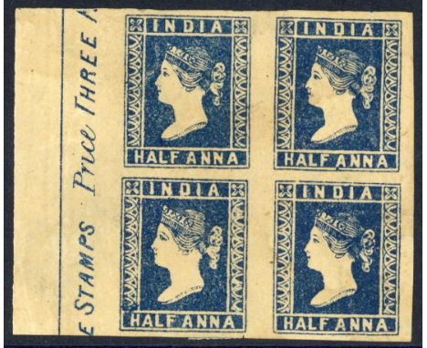 India1854 ½a. blue, Die I left marginal unused block of four showing '...E STAMPS Price THREE R...' inscription, good margins