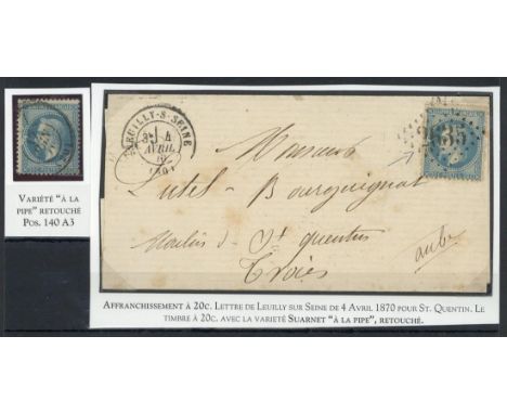 France1868 20c blue, (2), used, showing early signs of 'à la pipe' variety, one single, the second on 1870 entire to Troyes. 