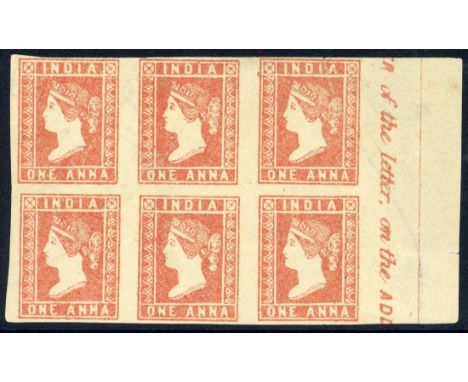 India1854 1a. dull red, Die II, unused right marginal block of six, showing '...R of the letter, on the ADD...' inscription, 