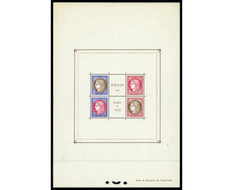France1937 PEXIP miniature sheet, fresh unmounted, with patch of gum disturbance in upper right corner. Maury BF3, €450 .  Su